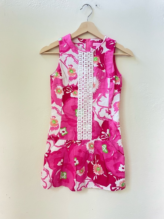 Lilly Pulitzer Other - Lilly Pulitzer Girls Pink Floral Shift Dress Lace Trim Drop Waist Pockets 10